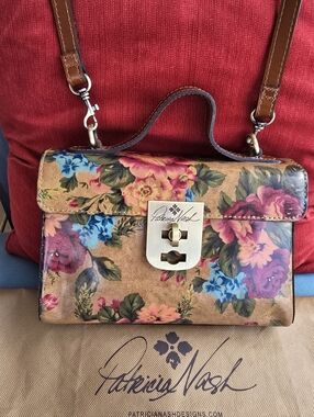 Patricia Nash NWT Floral Leather Satchel in Tan with Pink, Blue & Green Accents
